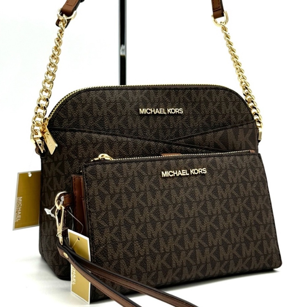 Michael Kors Jet Set Travel Medium Dome Crossbody Bag & Double Zip Wallet Brown